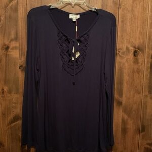 Elegant Navy Long Sleeve Top with Lattice Detail